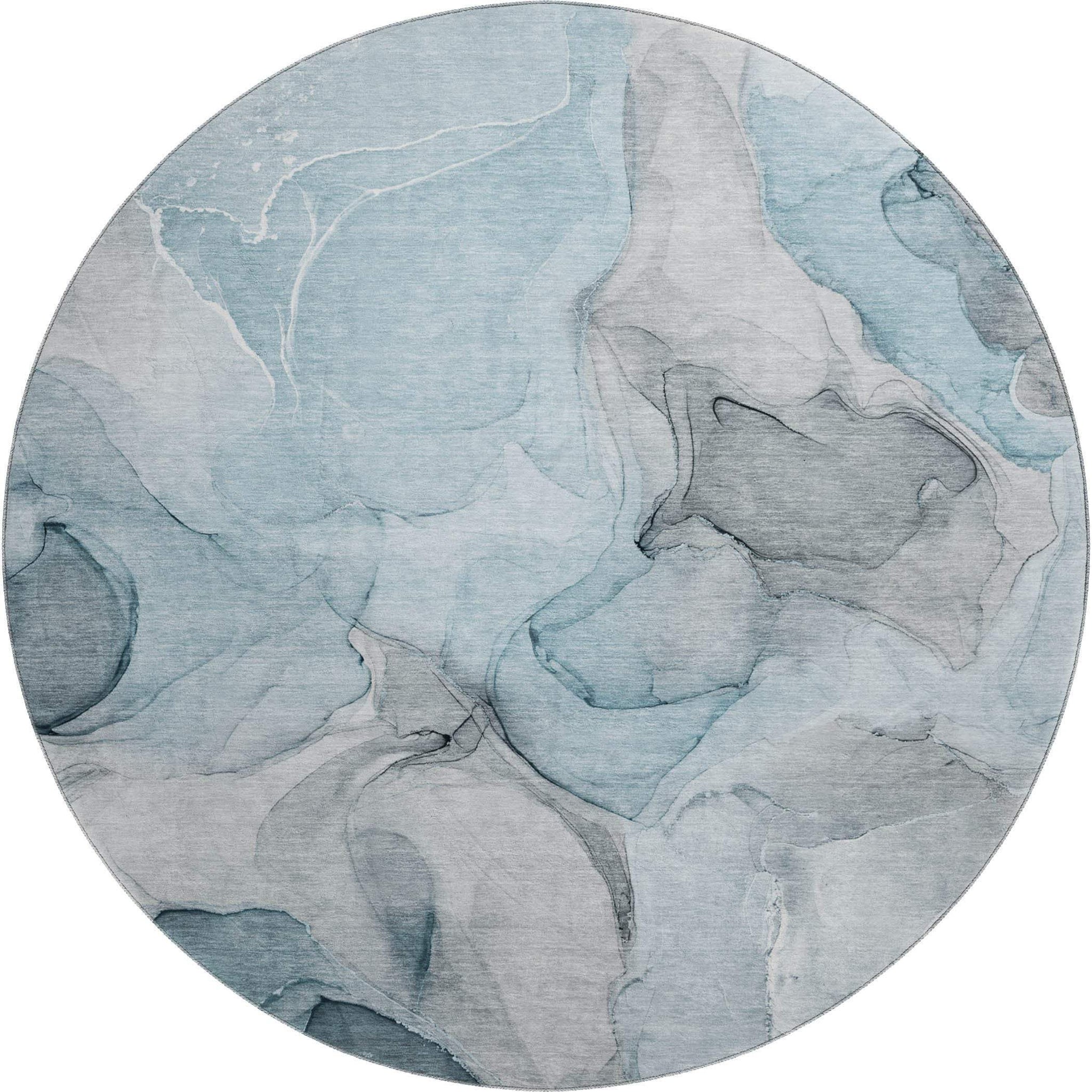 8' Teal And Gray Abstract Washable Round Rug With UV Protection - HomeRoots - Flyclothing LLC