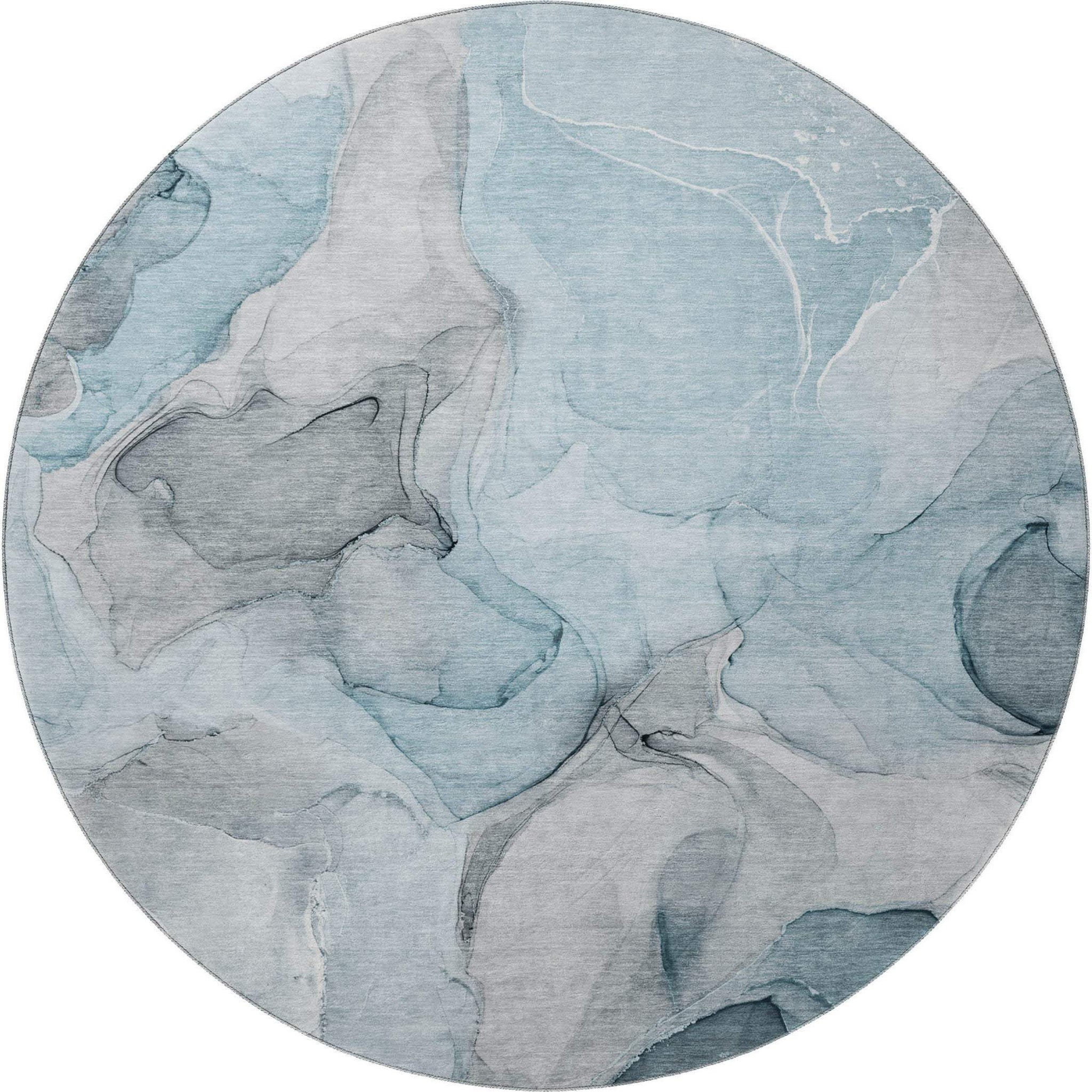 8' Teal And Gray Abstract Washable Round Rug With UV Protection - HomeRoots - Flyclothing LLC