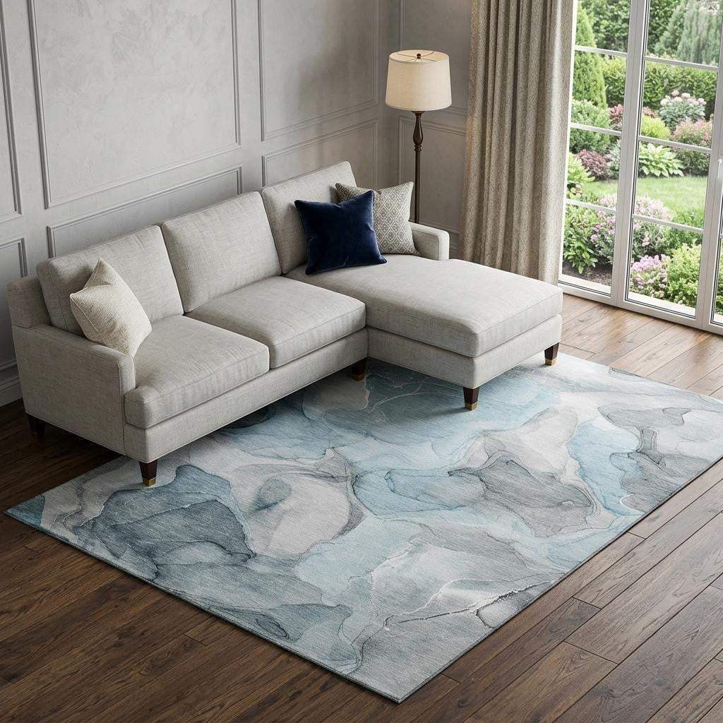 9' X 12' Teal And Gray Abstract Washable Area Rug With UV Protection - HomeRoots - Flyclothing LLC