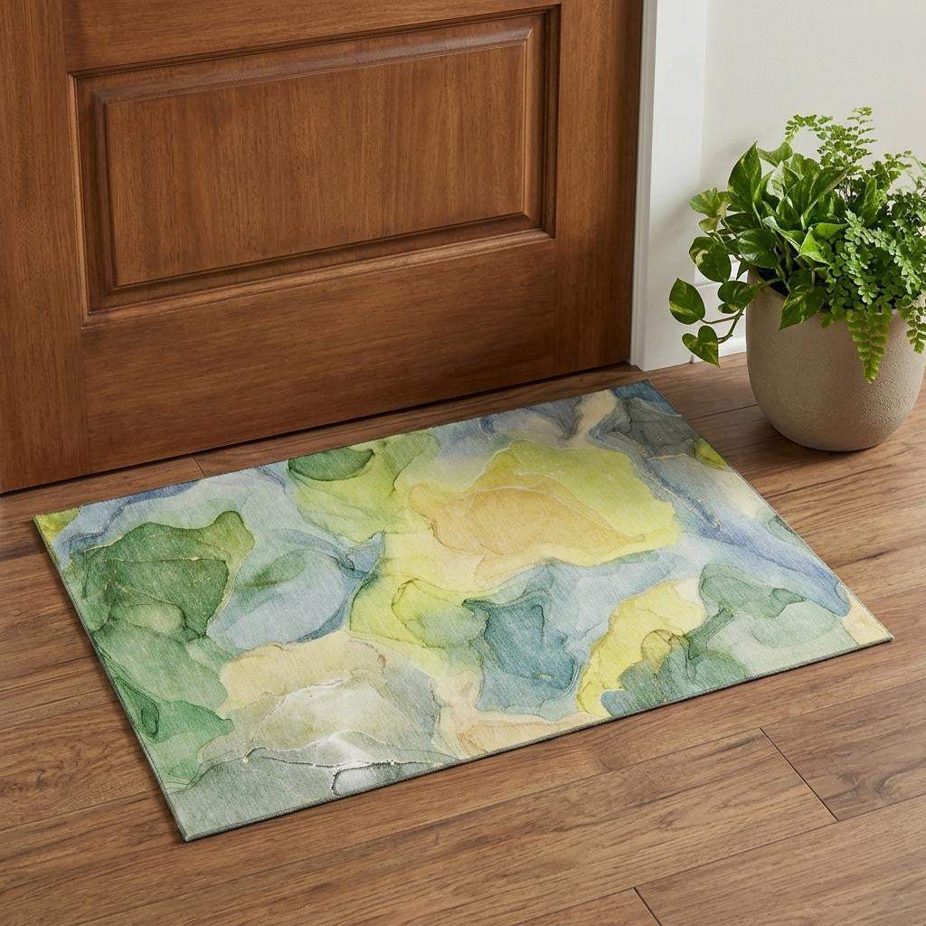 3' X 5' Yellow Blue And Beige Abstract Washable Area Rug With UV Protection - HomeRoots - Flyclothing LLC