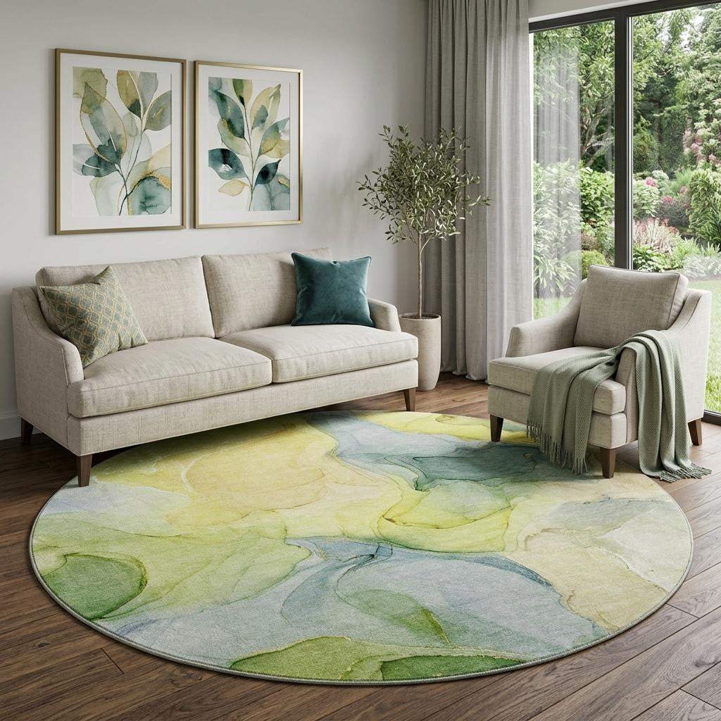 8' Yellow Blue And Beige Abstract Washable Round Rug With UV Protection - HomeRoots - Flyclothing LLC