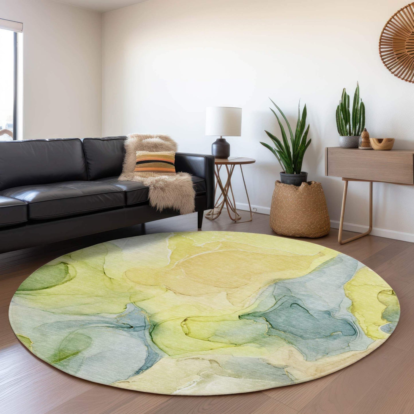 8' Yellow Blue And Beige Abstract Washable Round Rug With UV Protection - HomeRoots - Flyclothing LLC