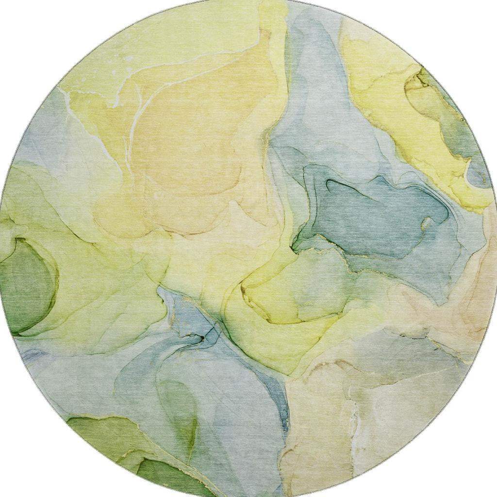 8' Yellow Blue And Beige Abstract Washable Round Rug With UV Protection - HomeRoots - Flyclothing LLC