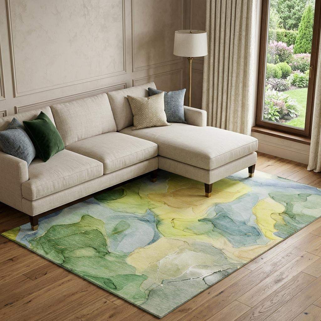 8' X 10' Yellow Blue And Beige Abstract Washable Area Rug With UV Protection - HomeRoots - Flyclothing LLC