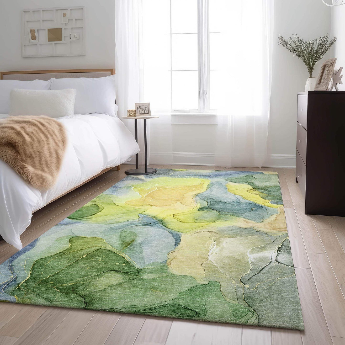 8' X 10' Yellow Blue And Beige Abstract Washable Area Rug With UV Protection - HomeRoots - Flyclothing LLC
