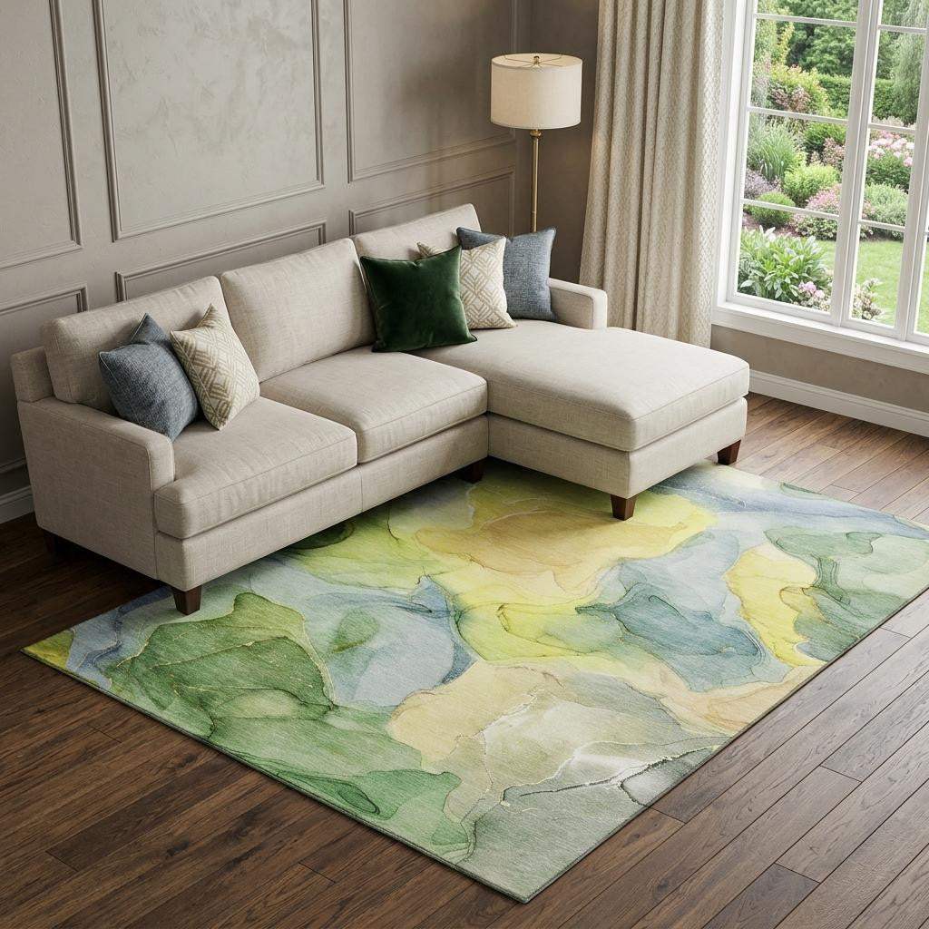 9' X 12' Yellow Blue And Beige Abstract Washable Area Rug With UV Protection - HomeRoots - Flyclothing LLC