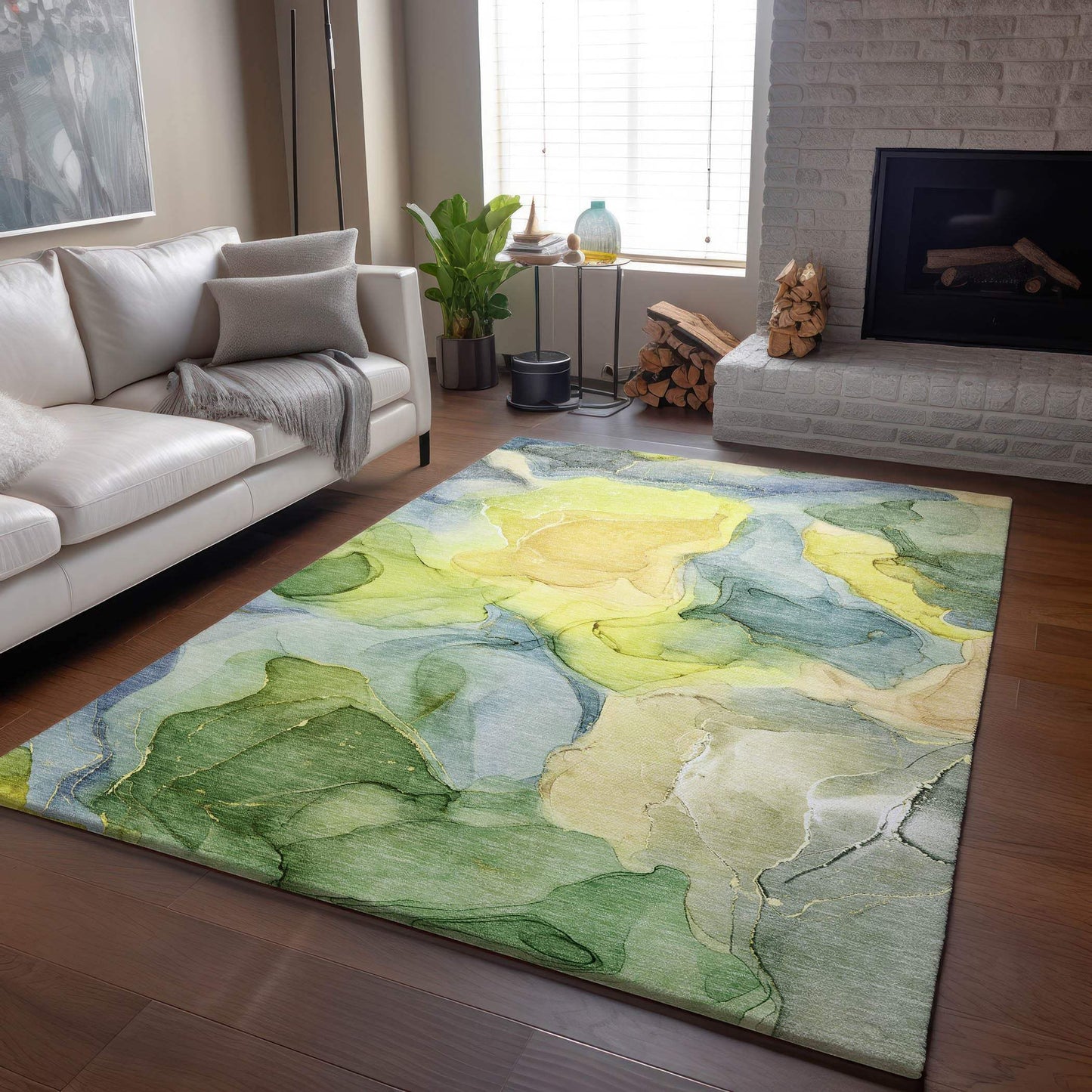 9' X 12' Yellow Blue And Beige Abstract Washable Area Rug With UV Protection - HomeRoots - Flyclothing LLC