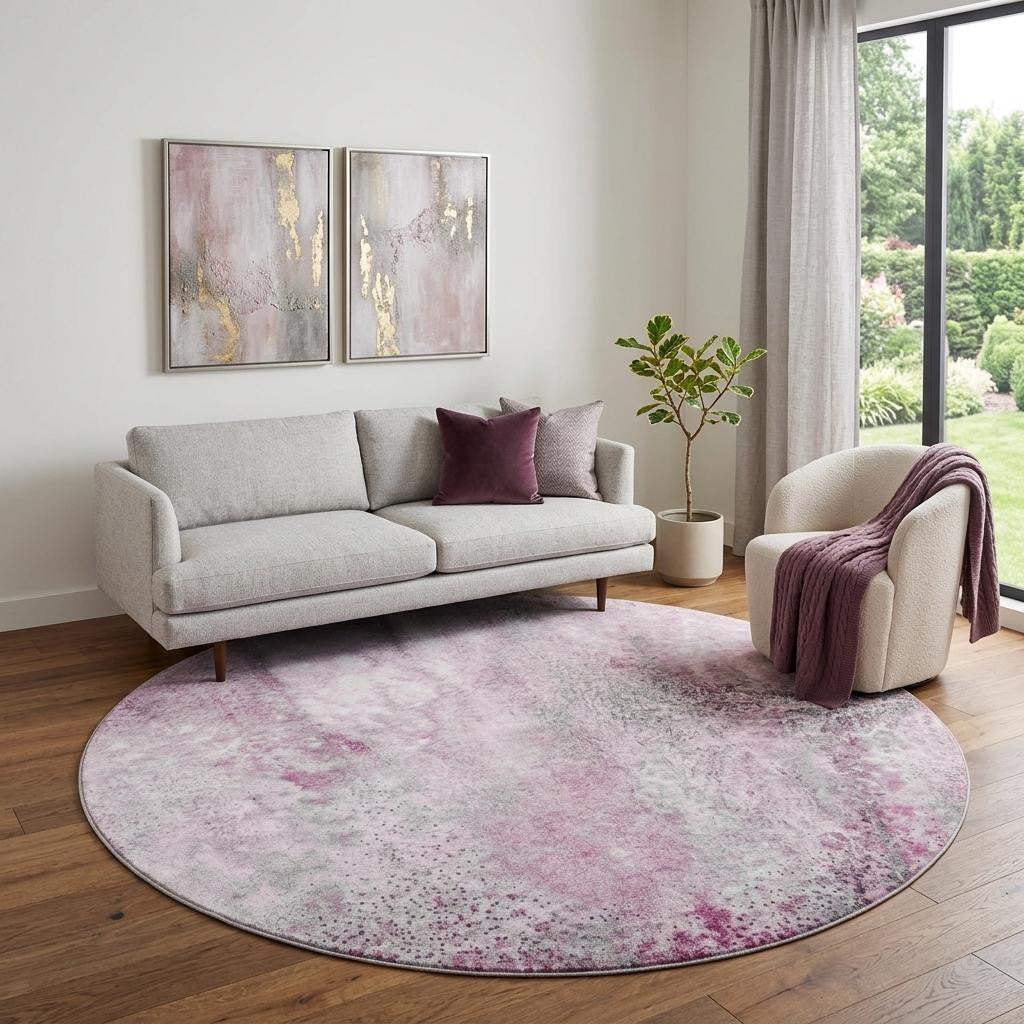8' Pink And Ivory Abstract Washable Round Rug With UV Protection - HomeRoots - Flyclothing LLC