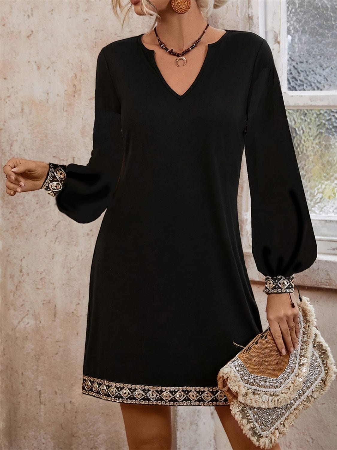 Embroidered Notched Long Sleeve Mini Dress - Trendsi