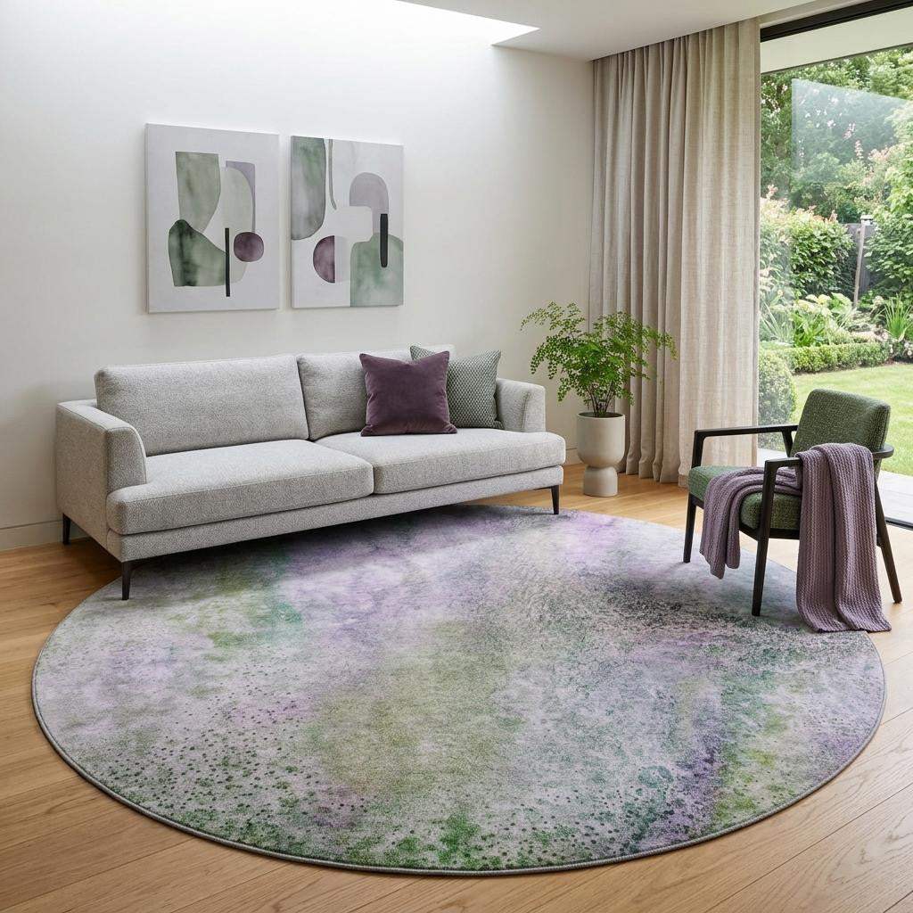 8' Purple And Green Abstract Washable Round Rug With UV Protection - HomeRoots - Flyclothing LLC