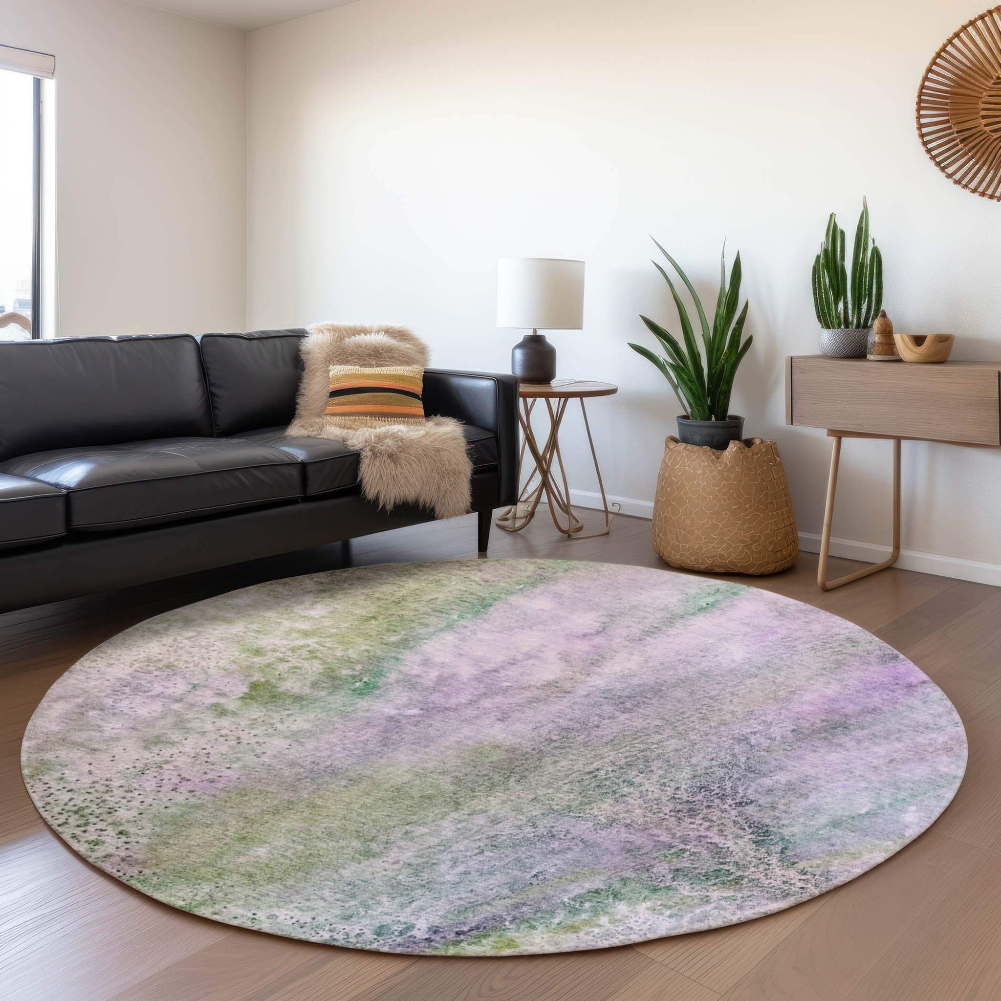 8' Purple And Green Abstract Washable Round Rug With UV Protection - HomeRoots - Flyclothing LLC