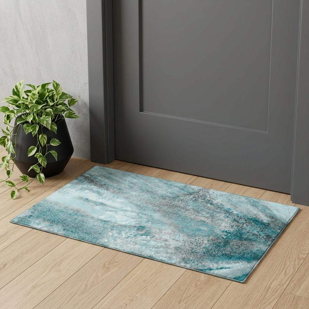 3' X 5' Teal And Ivory Abstract Washable Area Rug With UV Protection - HomeRoots - Flyclothing LLC