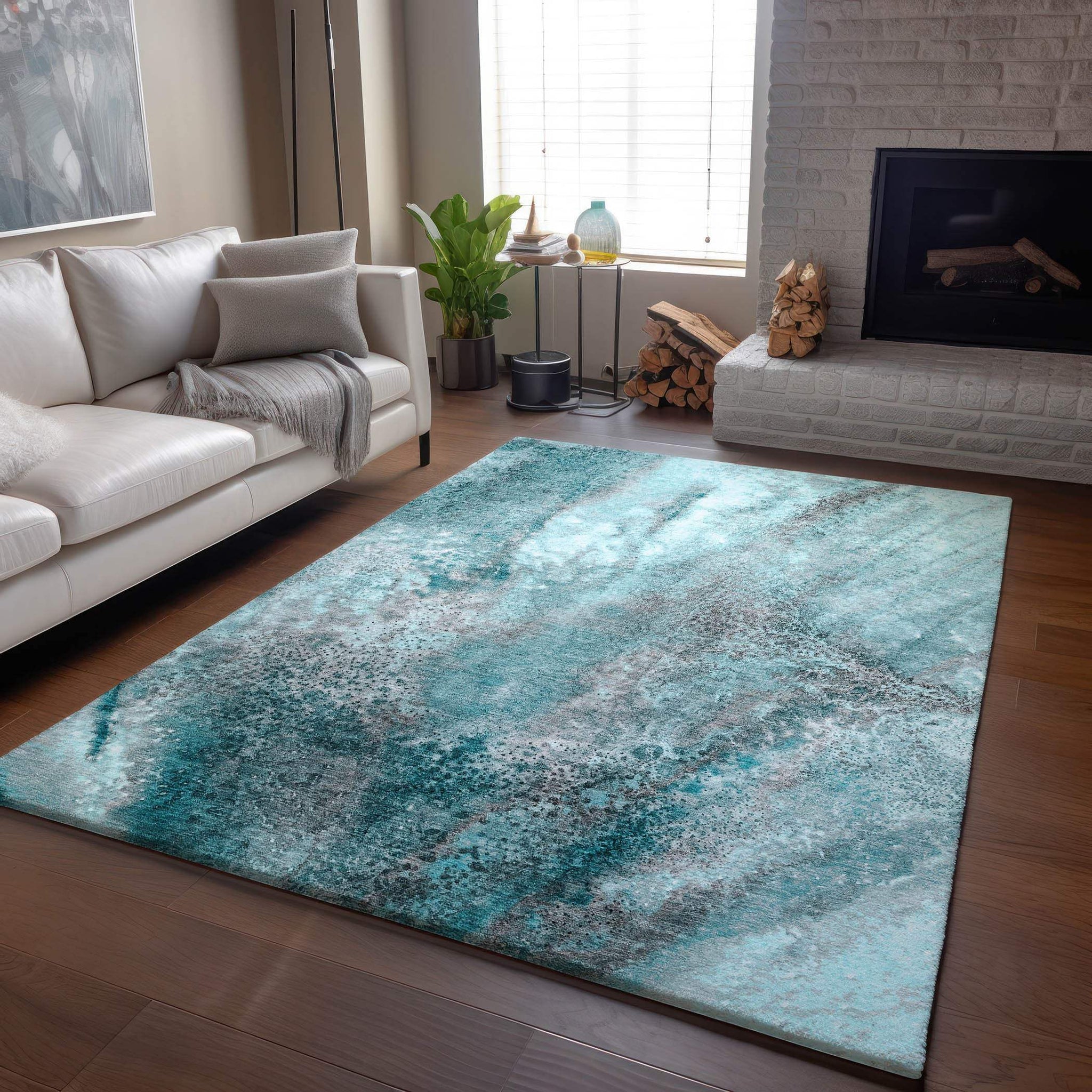3' X 5' Teal And Ivory Abstract Washable Area Rug With UV Protection - HomeRoots - Flyclothing LLC