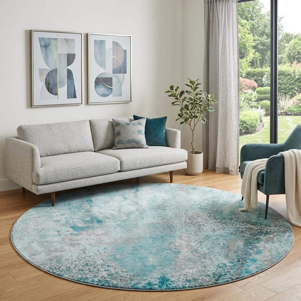 8' Teal And Ivory Abstract Washable Round Rug With UV Protection - HomeRoots - Flyclothing LLC