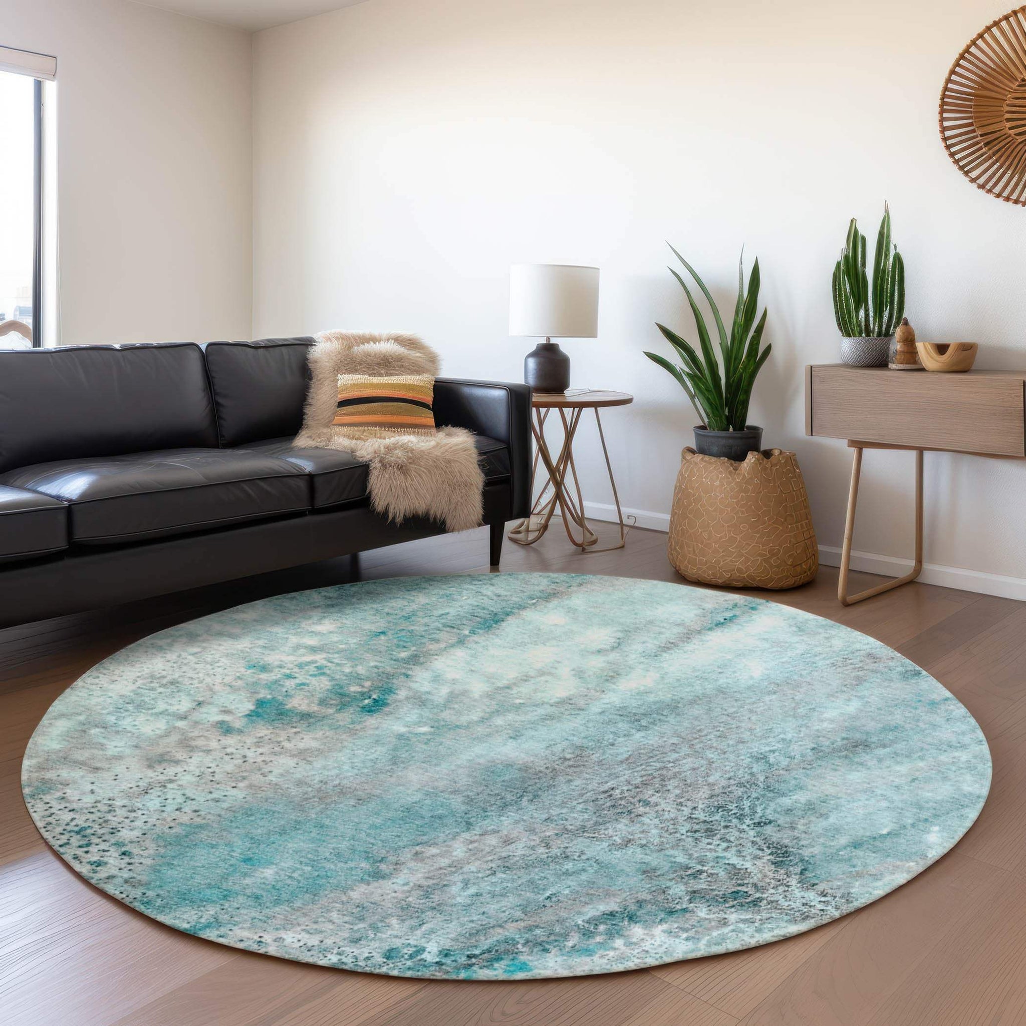 8' Teal And Ivory Abstract Washable Round Rug With UV Protection - HomeRoots - Flyclothing LLC