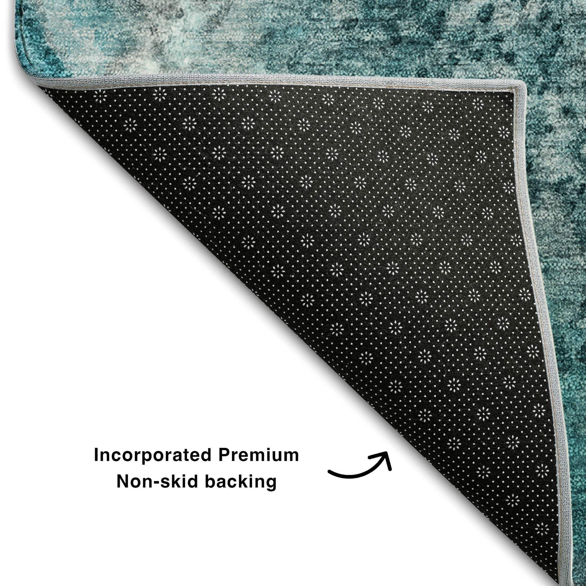 8' Teal And Ivory Abstract Washable Round Rug With UV Protection - HomeRoots - Flyclothing LLC