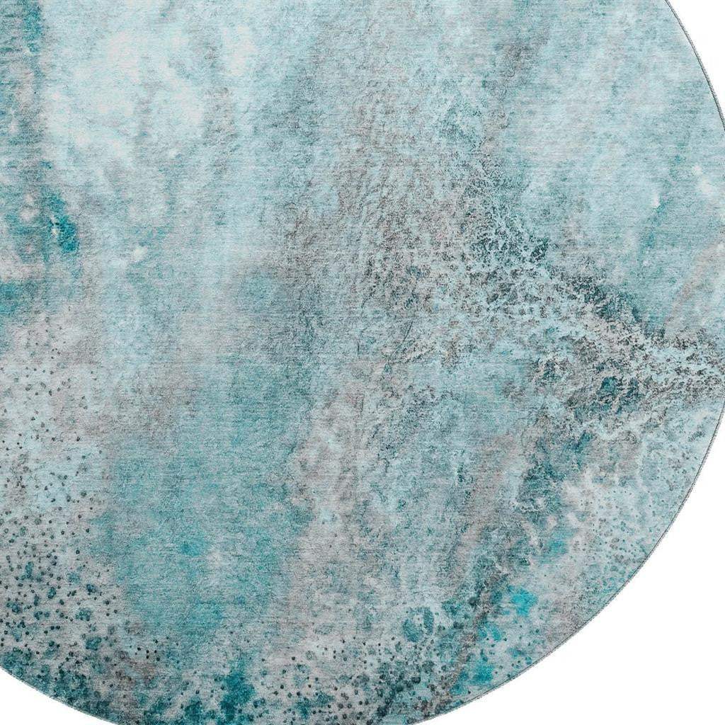 8' Teal And Ivory Abstract Washable Round Rug With UV Protection - HomeRoots - Flyclothing LLC