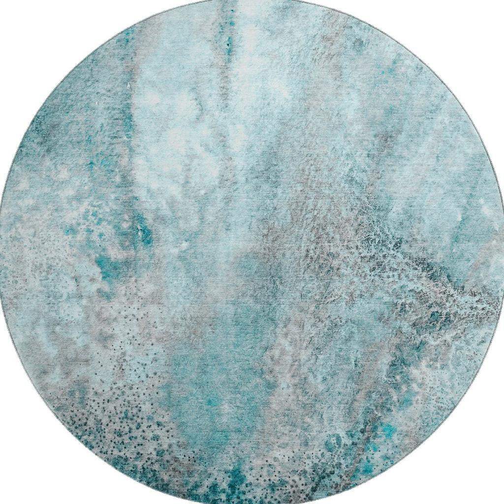 8' Teal And Ivory Abstract Washable Round Rug With UV Protection - HomeRoots - Flyclothing LLC