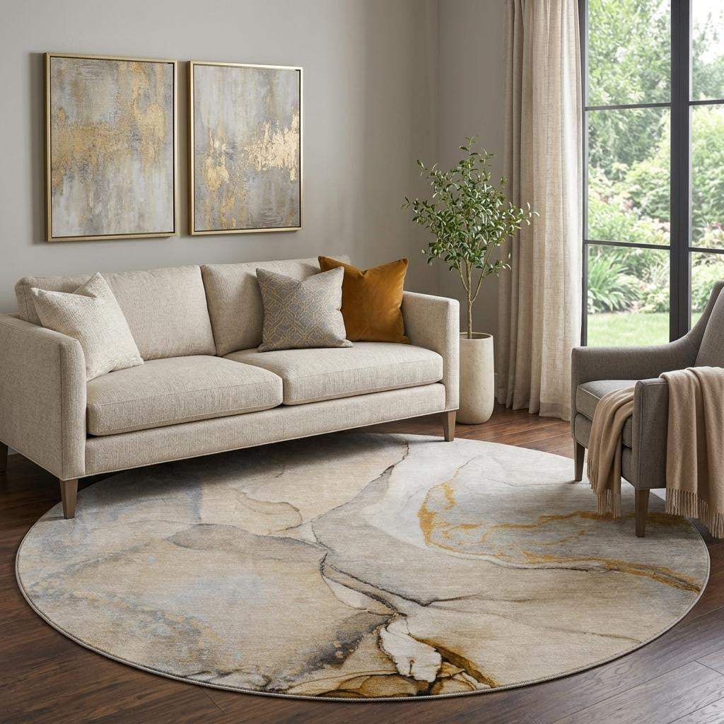 8' Beige Brown And Ivory Abstract Washable Round Rug With UV Protection - HomeRoots - Flyclothing LLC