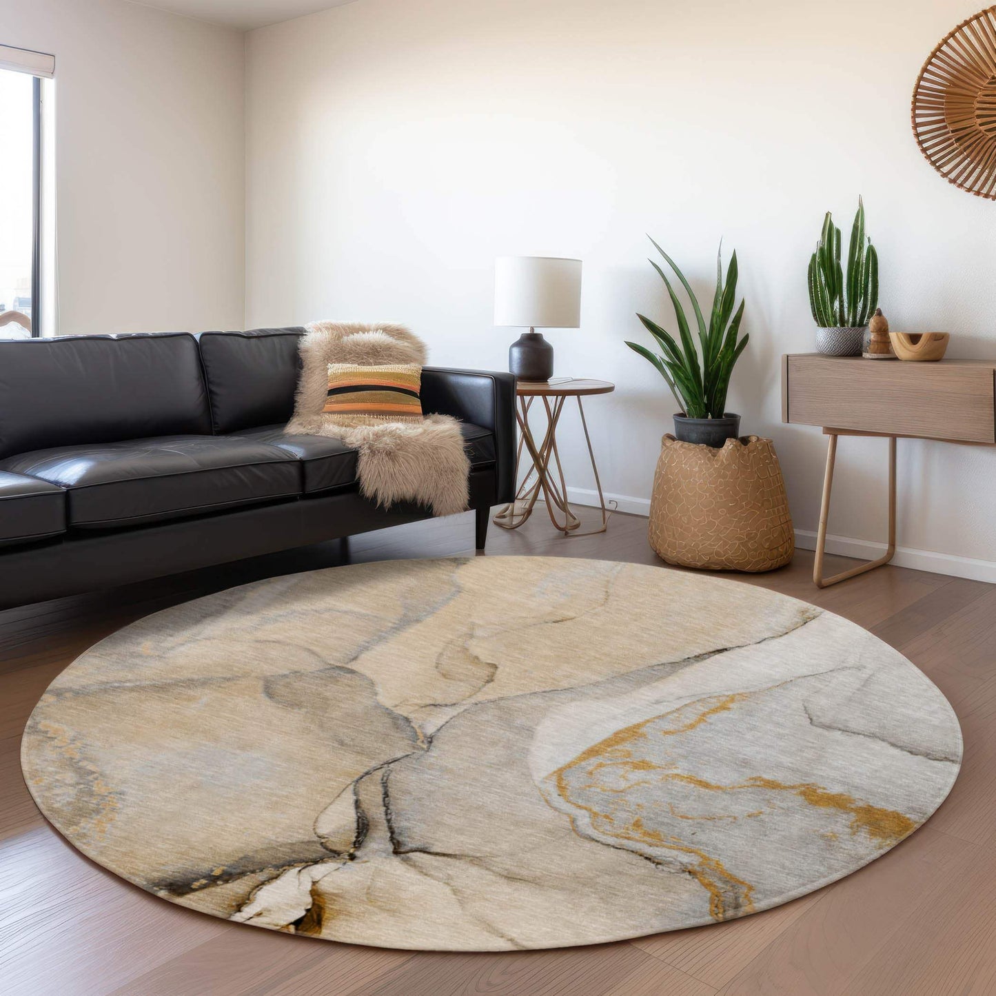 8' Beige Brown And Ivory Abstract Washable Round Rug With UV Protection - HomeRoots - Flyclothing LLC