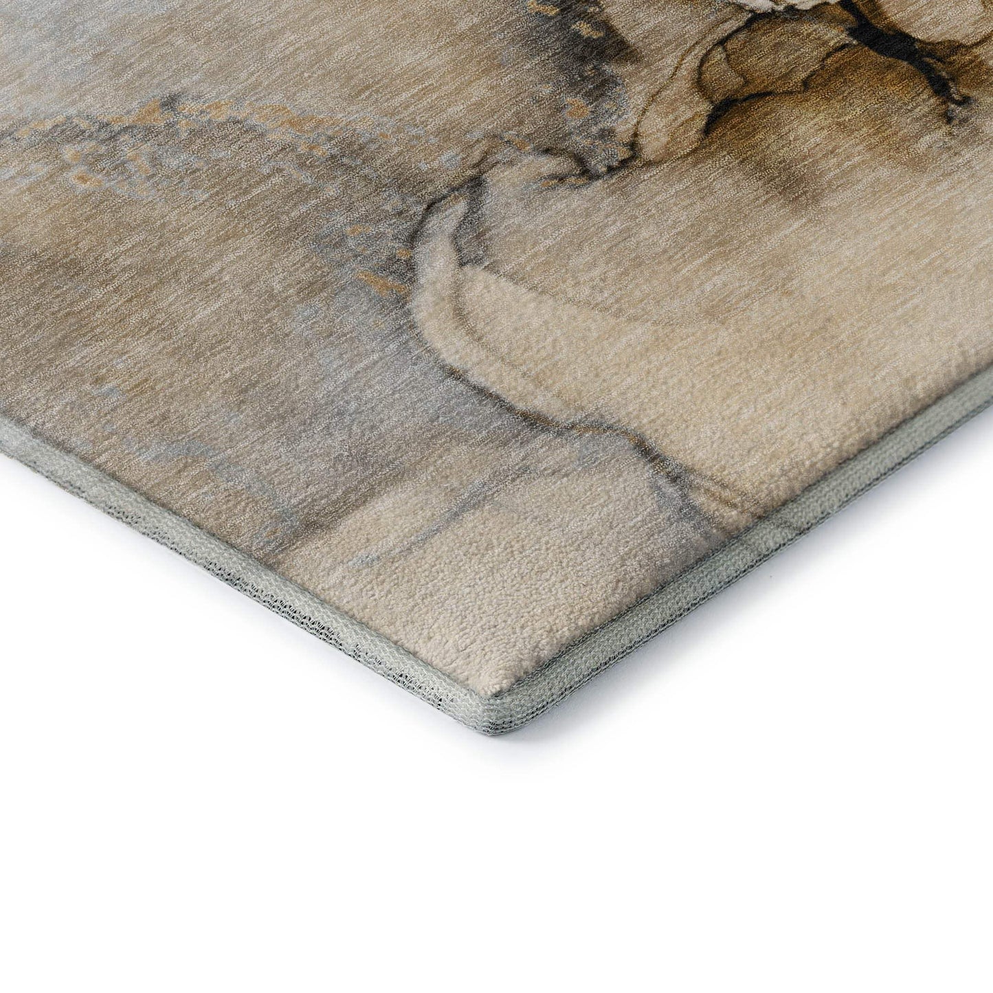 8' Beige Brown And Ivory Abstract Washable Round Rug With UV Protection - HomeRoots - Flyclothing LLC