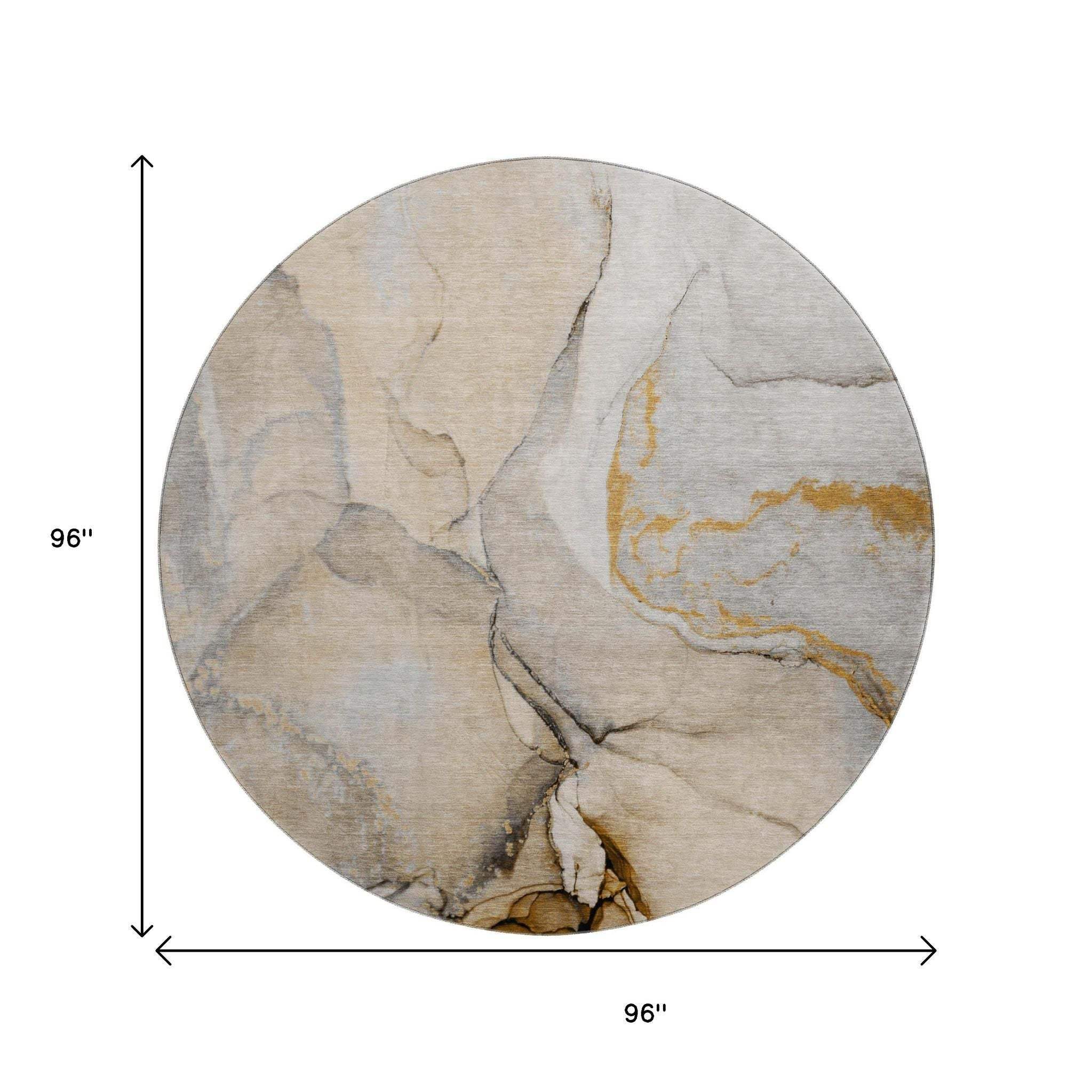 8' Beige Brown And Ivory Abstract Washable Round Rug With UV Protection - HomeRoots - Flyclothing LLC