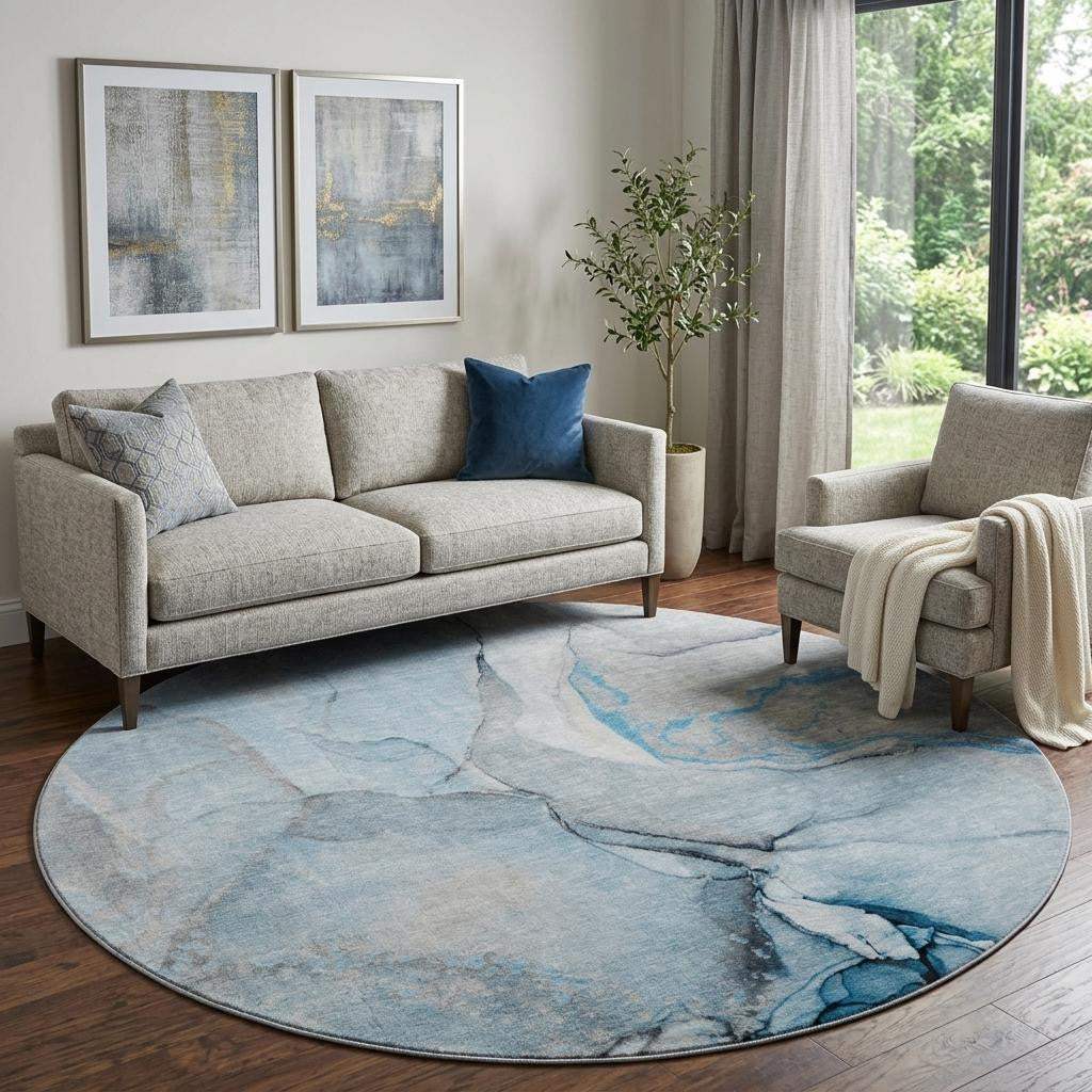 8' Blue Gray And Ivory Abstract Washable Round Rug With UV Protection - HomeRoots - Flyclothing LLC