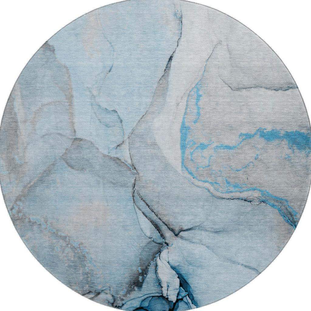 8' Blue Gray And Ivory Abstract Washable Round Rug With UV Protection - HomeRoots - Flyclothing LLC