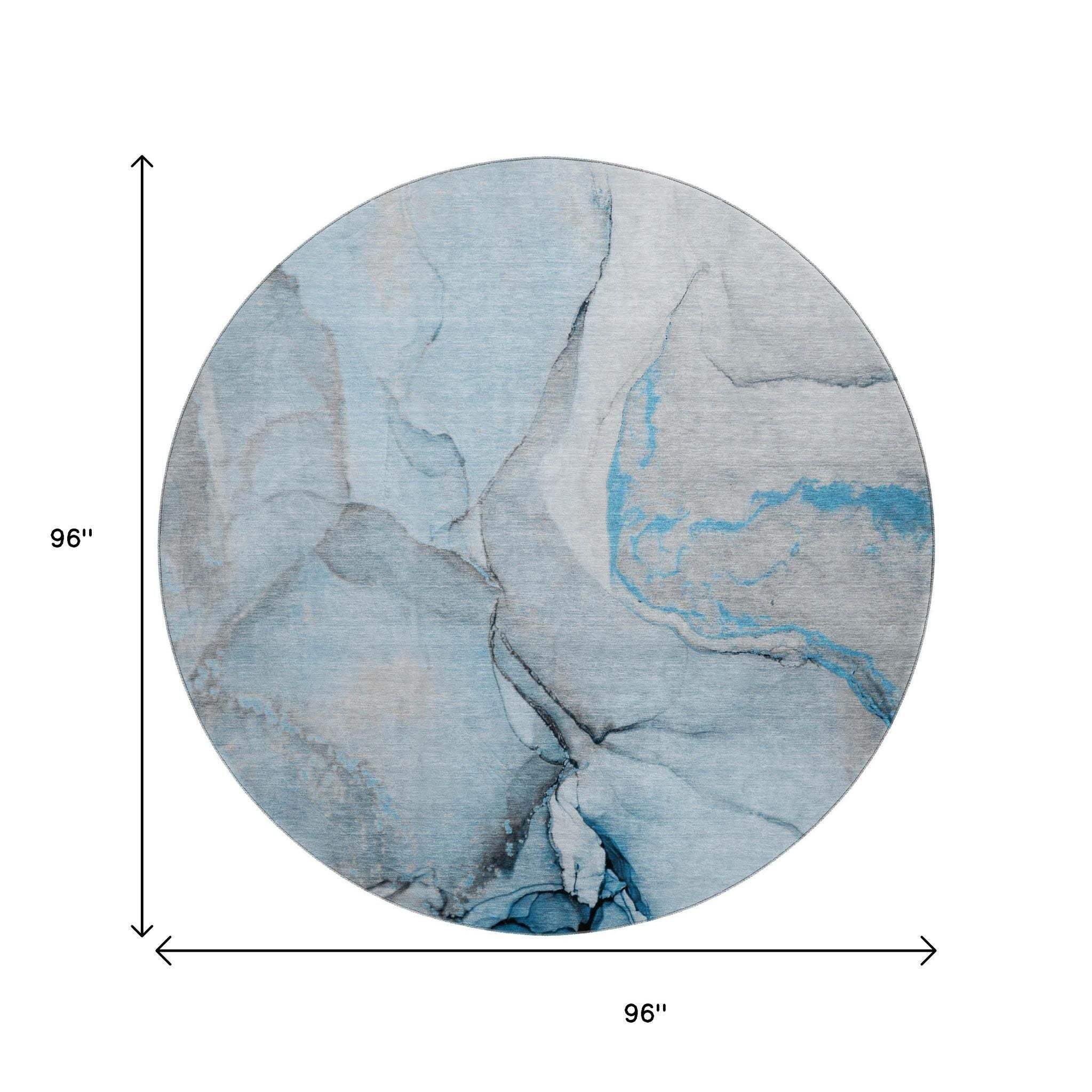 8' Blue Gray And Ivory Abstract Washable Round Rug With UV Protection - HomeRoots - Flyclothing LLC