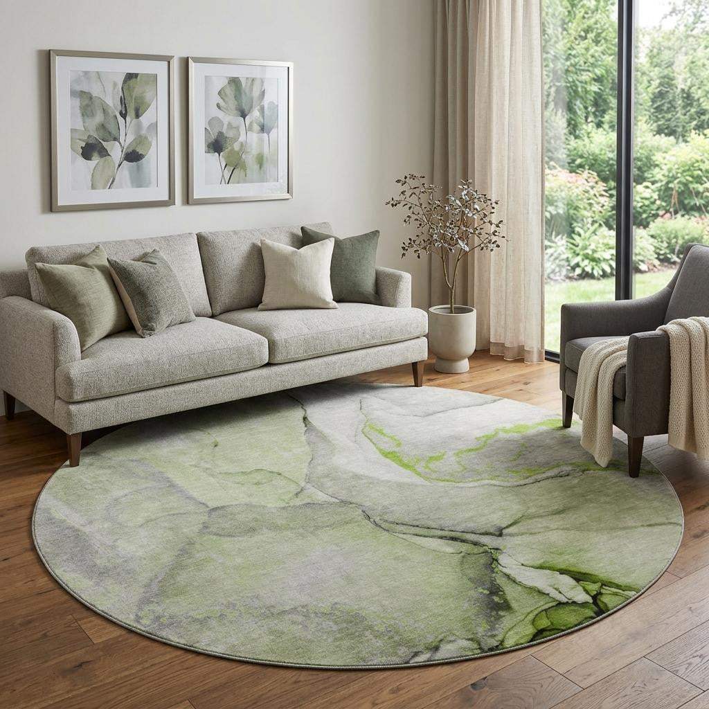 8' Green Gray And Ivory Abstract Washable Round Rug With UV Protection - HomeRoots - Flyclothing LLC