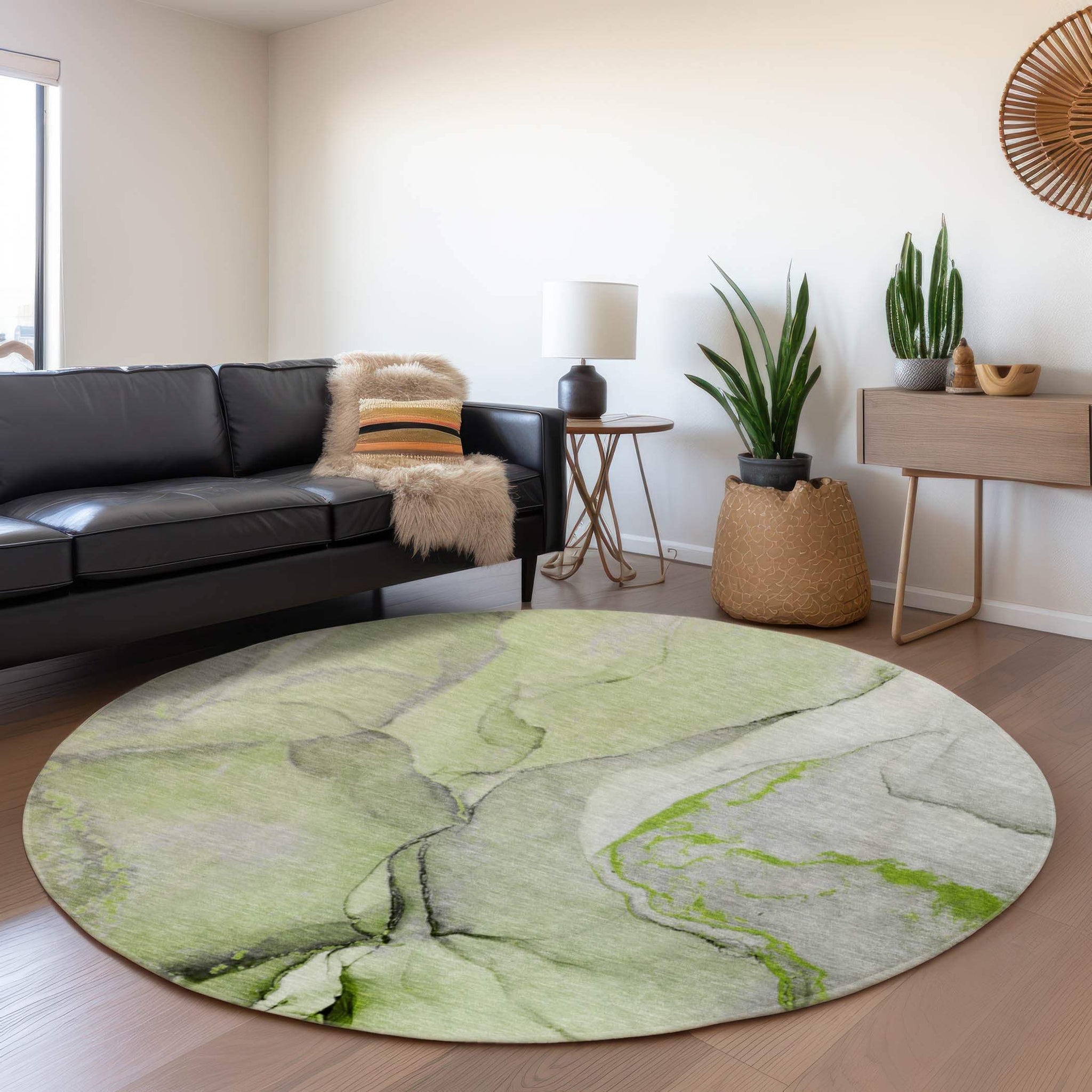 8' Green Gray And Ivory Abstract Washable Round Rug With UV Protection - HomeRoots - Flyclothing LLC