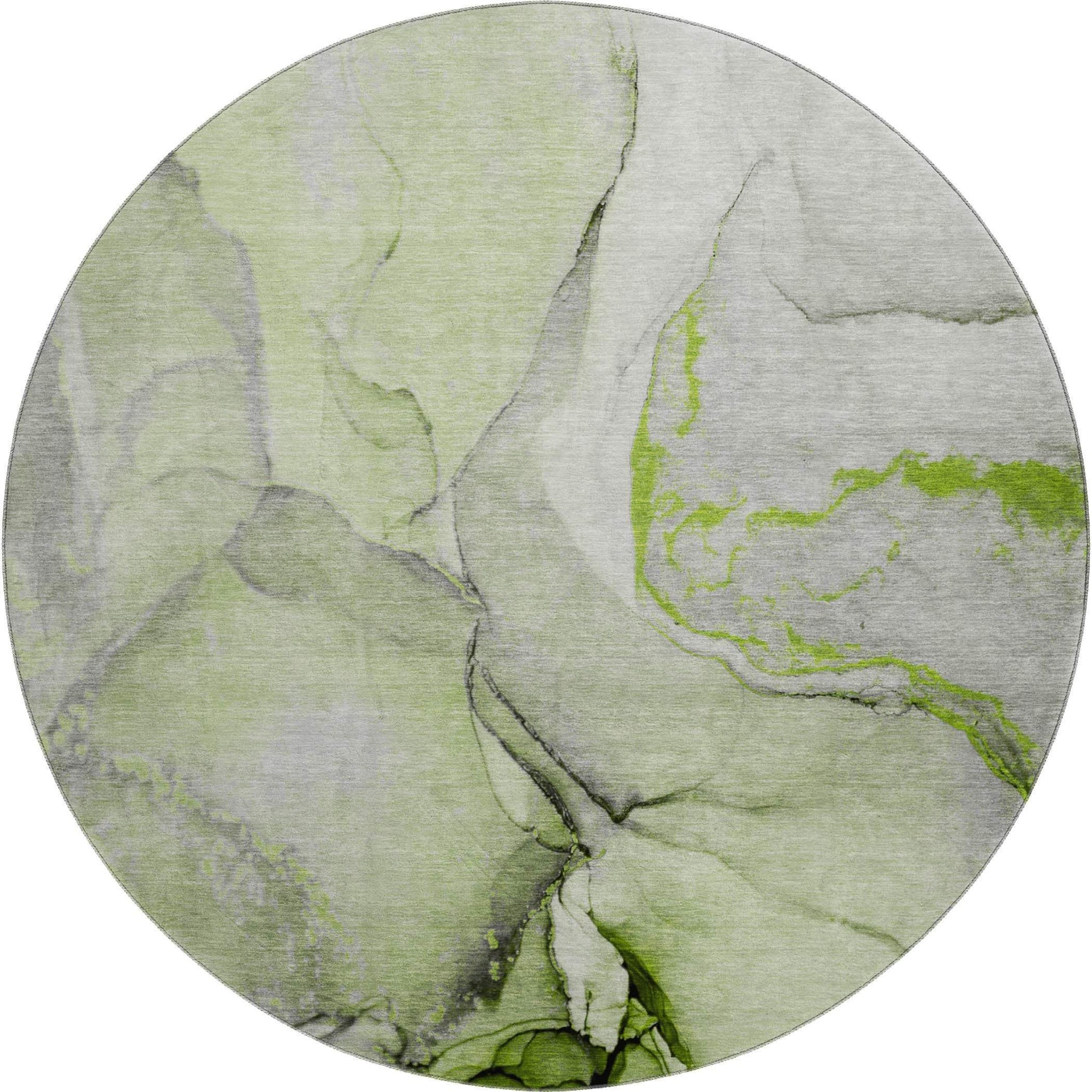 8' Green Gray And Ivory Abstract Washable Round Rug With UV Protection - HomeRoots - Flyclothing LLC