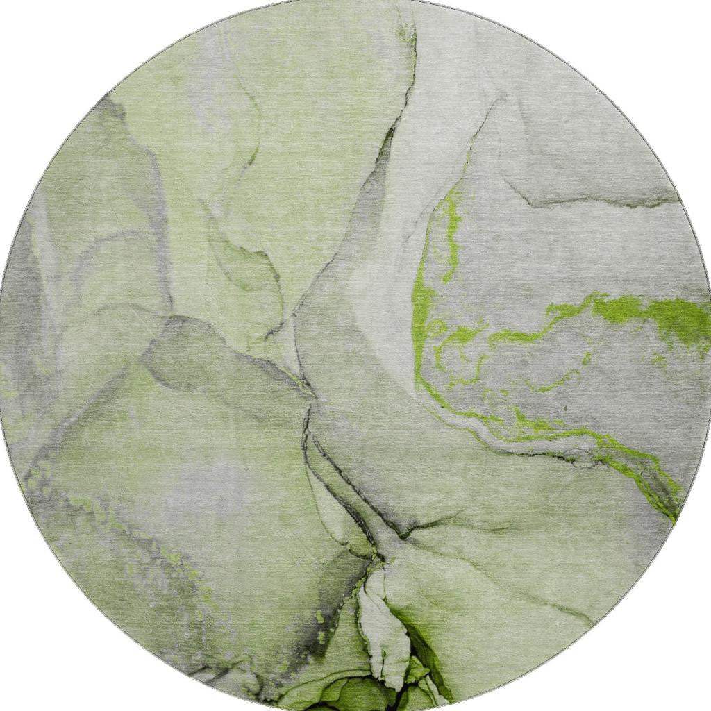 8' Green Gray And Ivory Abstract Washable Round Rug With UV Protection - HomeRoots - Flyclothing LLC