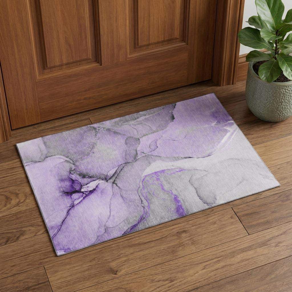 3' X 5' Purple Gray And Ivory Abstract Washable Area Rug With UV Protection - HomeRoots - Flyclothing LLC