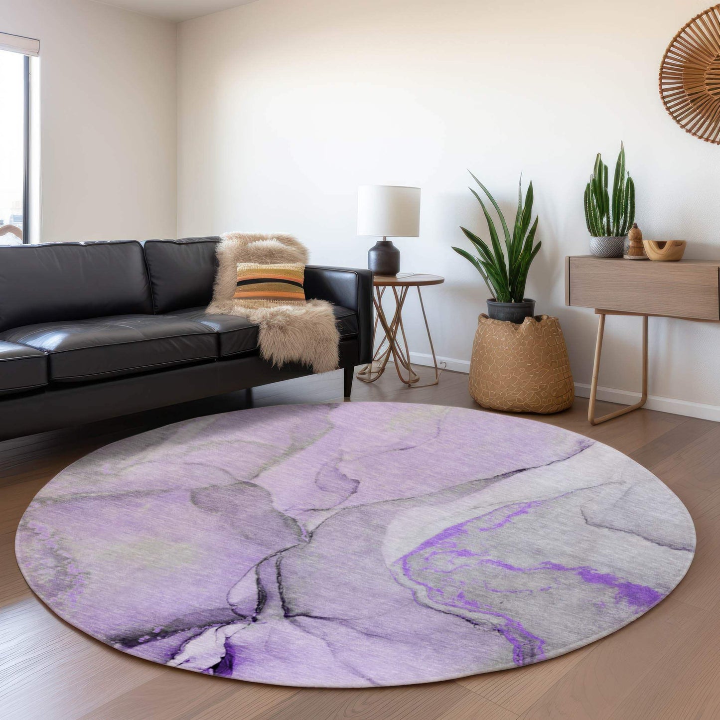 8' Purple Gray And Ivory Abstract Washable Round Rug With UV Protection - HomeRoots - Flyclothing LLC