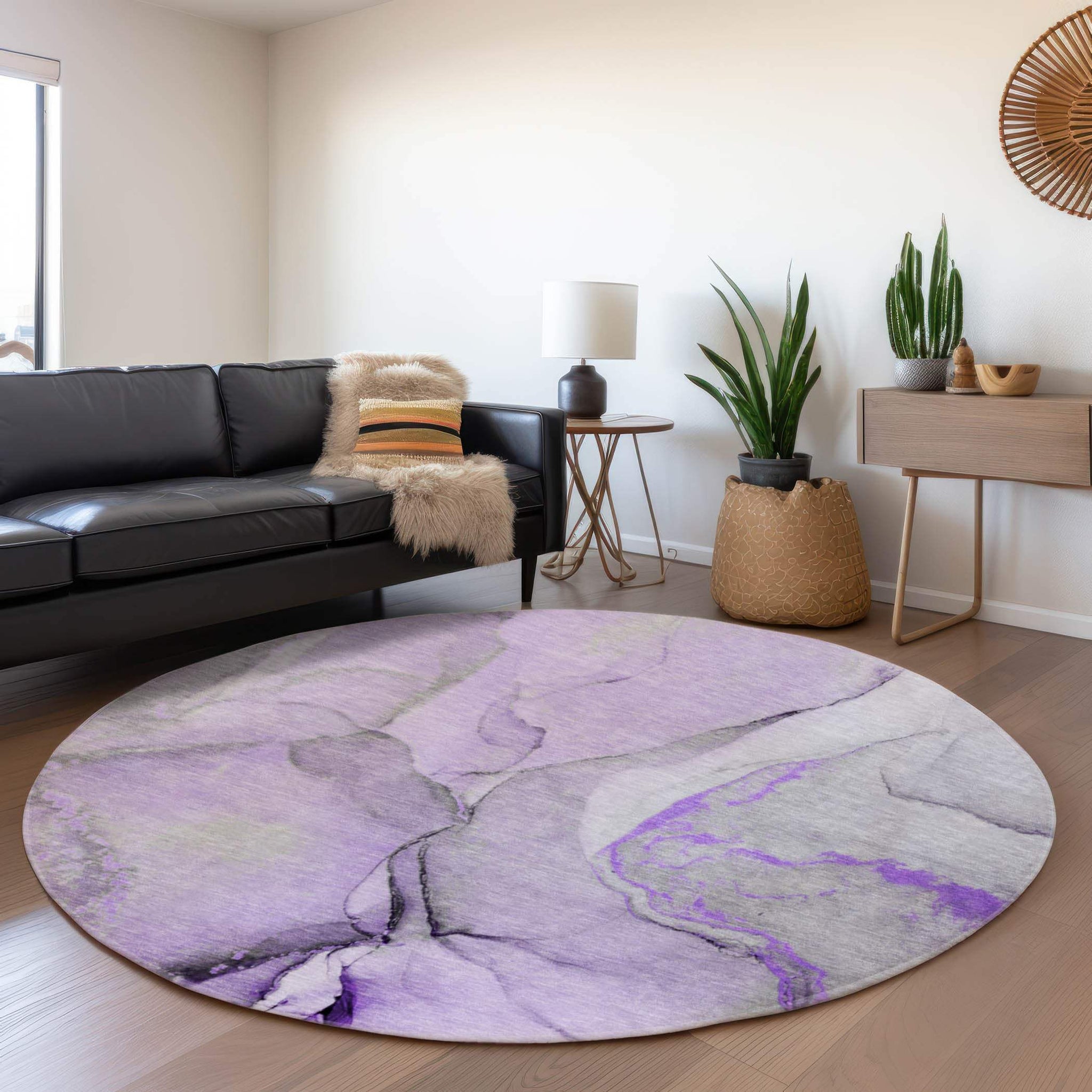 8' Purple Gray And Ivory Abstract Washable Round Rug With UV Protection - HomeRoots - Flyclothing LLC