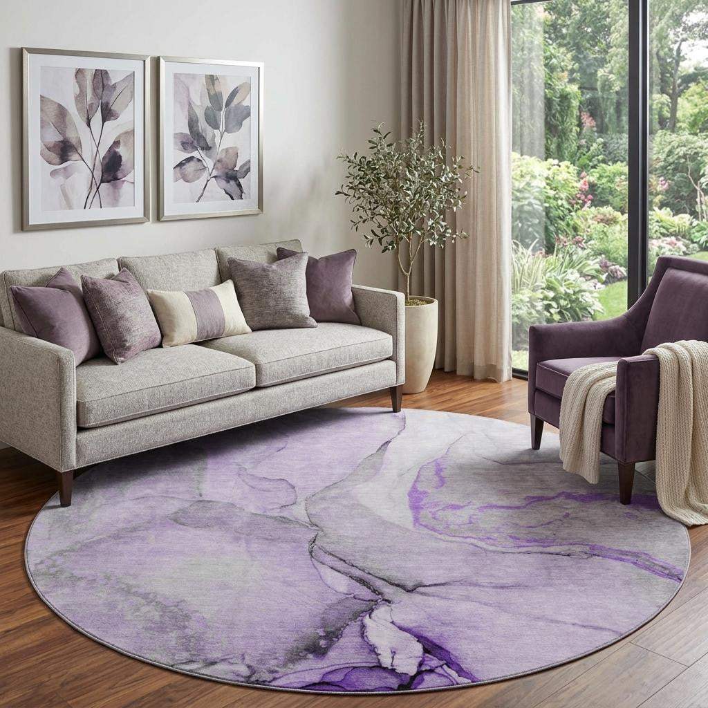 8' Purple Gray And Ivory Abstract Washable Round Rug With UV Protection - HomeRoots - Flyclothing LLC