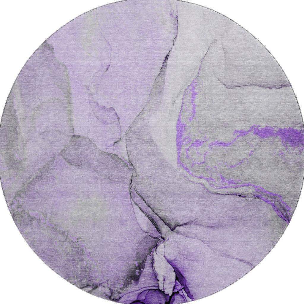 8' Purple Gray And Ivory Abstract Washable Round Rug With UV Protection - HomeRoots - Flyclothing LLC
