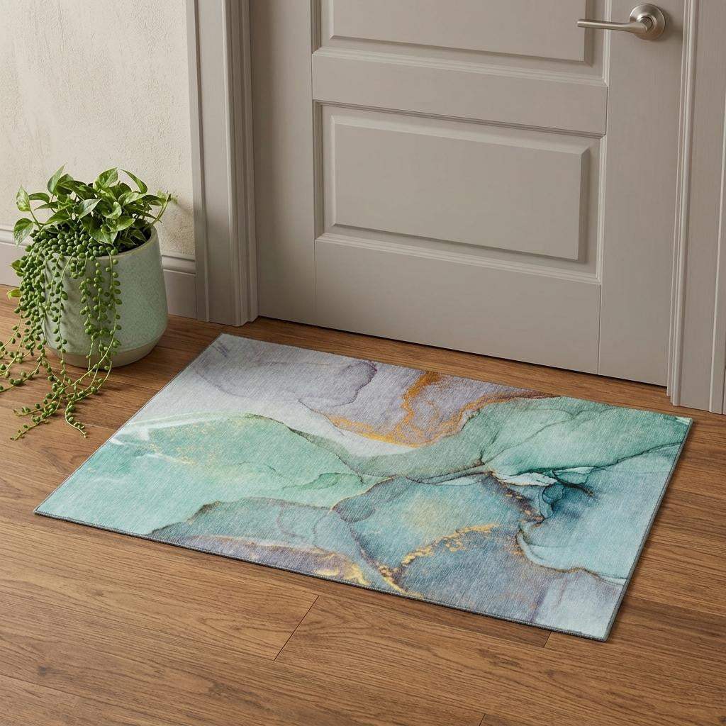 3' X 5' Teal Gold And Ivory Abstract Washable Area Rug With UV Protection - HomeRoots - Flyclothing LLC