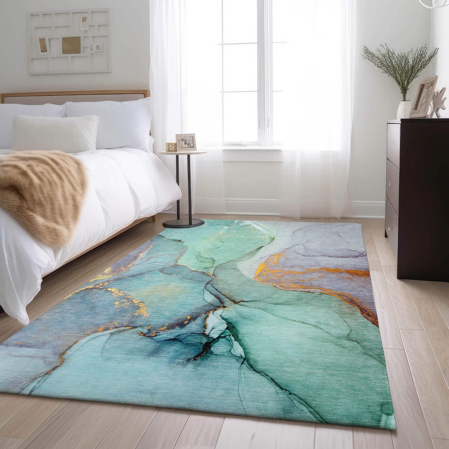 3' X 5' Teal Gold And Ivory Abstract Washable Area Rug With UV Protection - HomeRoots - Flyclothing LLC