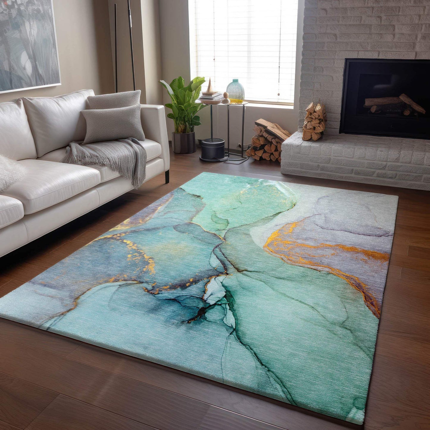 3' X 5' Teal Gold And Ivory Abstract Washable Area Rug With UV Protection - HomeRoots - Flyclothing LLC