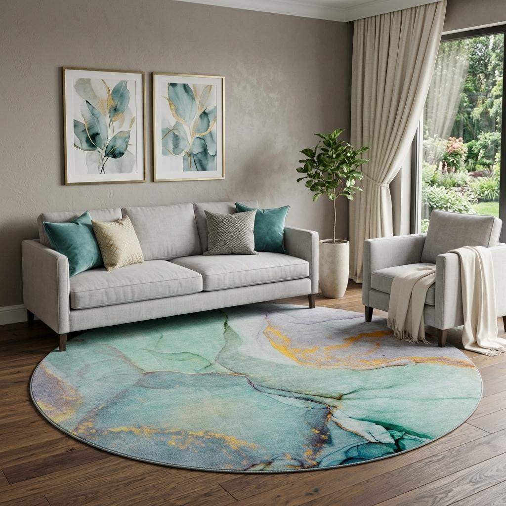 8' Teal Gold And Ivory Abstract Washable Round Rug With UV Protection - HomeRoots - Flyclothing LLC