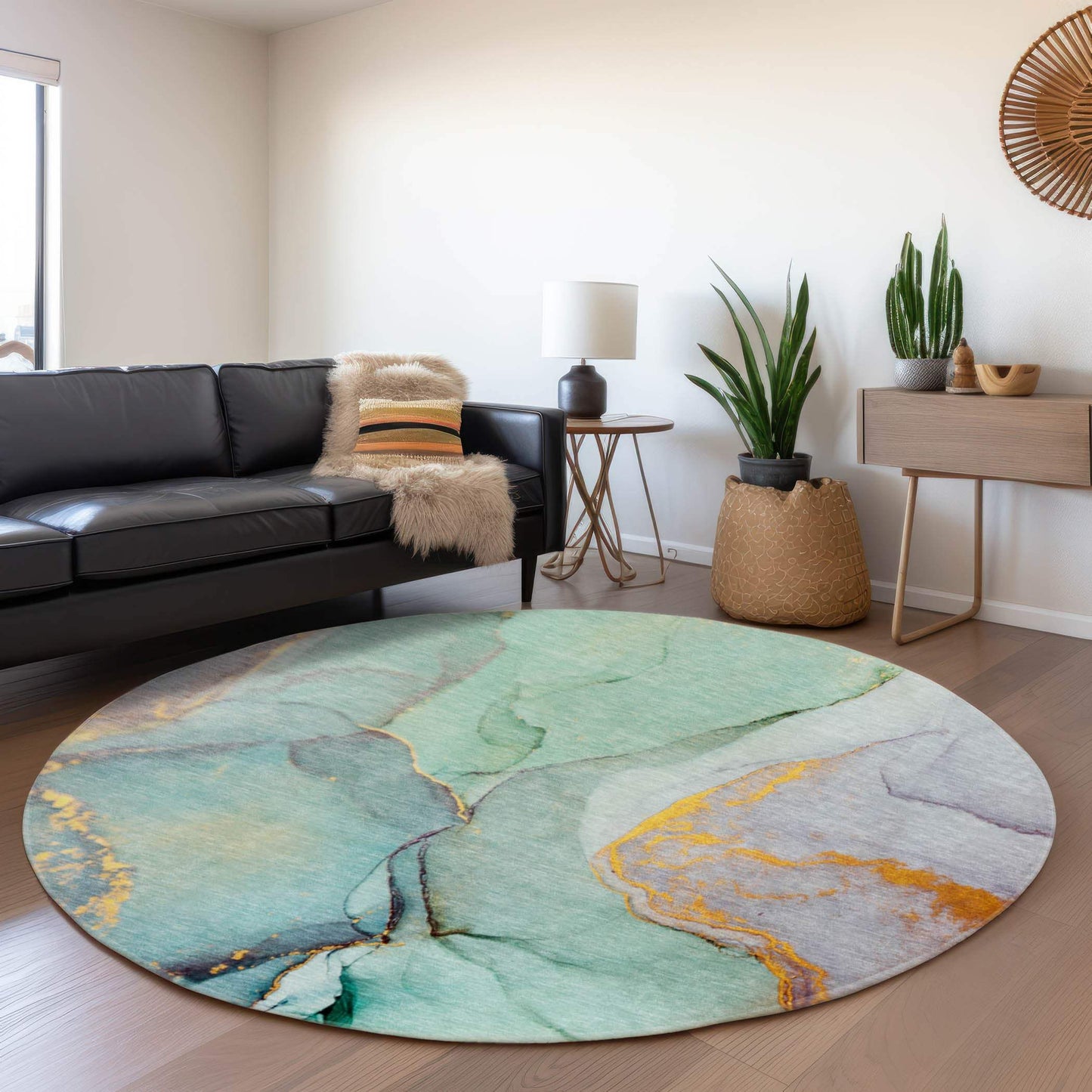 8' Teal Gold And Ivory Abstract Washable Round Rug With UV Protection - HomeRoots - Flyclothing LLC