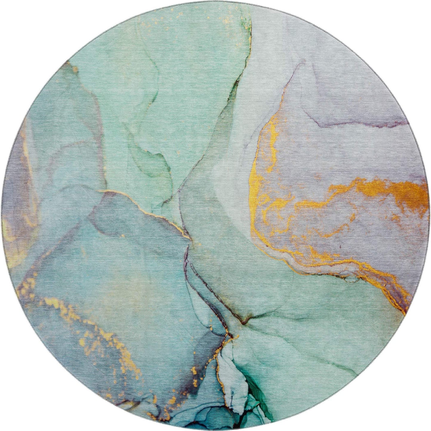 8' Teal Gold And Ivory Abstract Washable Round Rug With UV Protection - HomeRoots - Flyclothing LLC