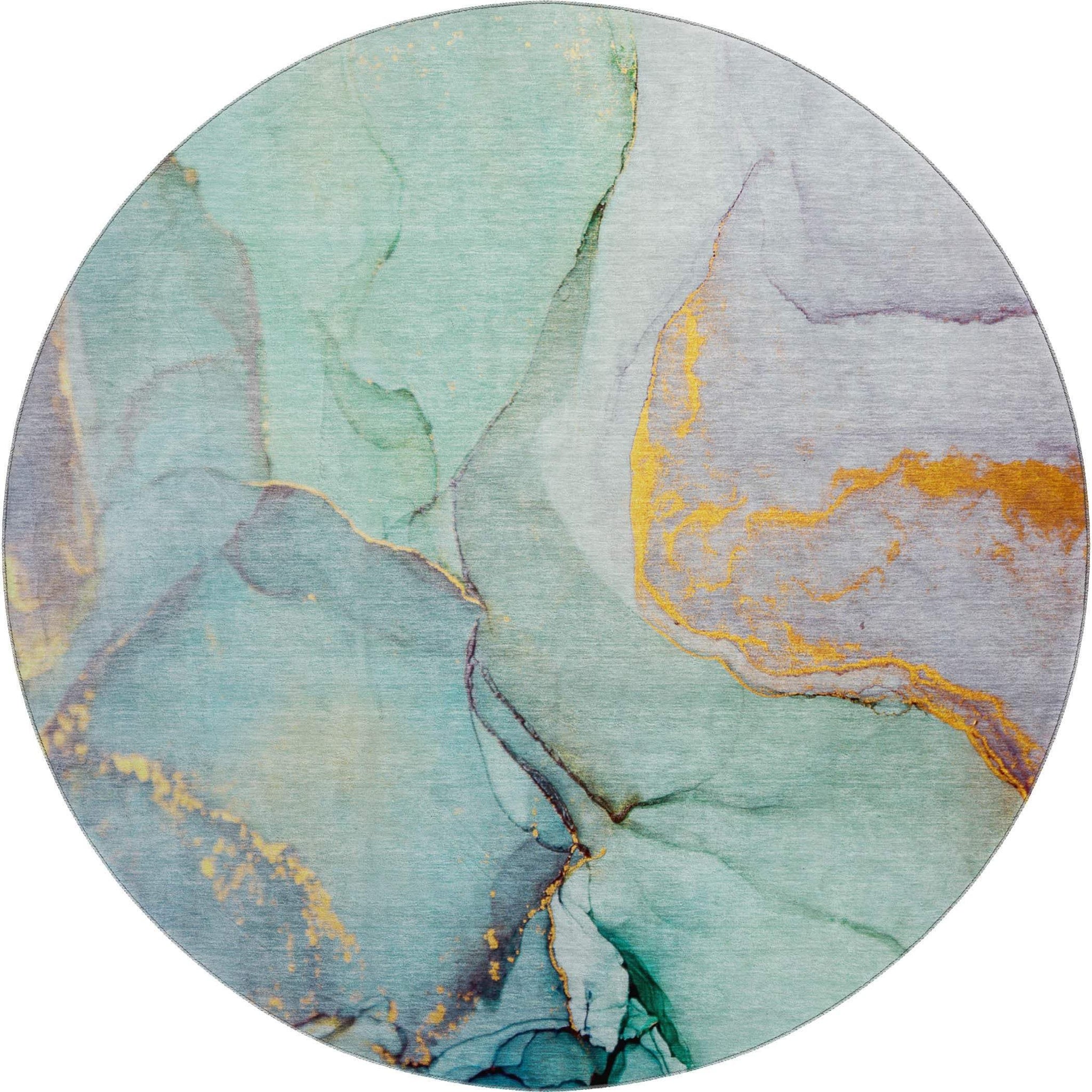 8' Teal Gold And Ivory Abstract Washable Round Rug With UV Protection - HomeRoots - Flyclothing LLC