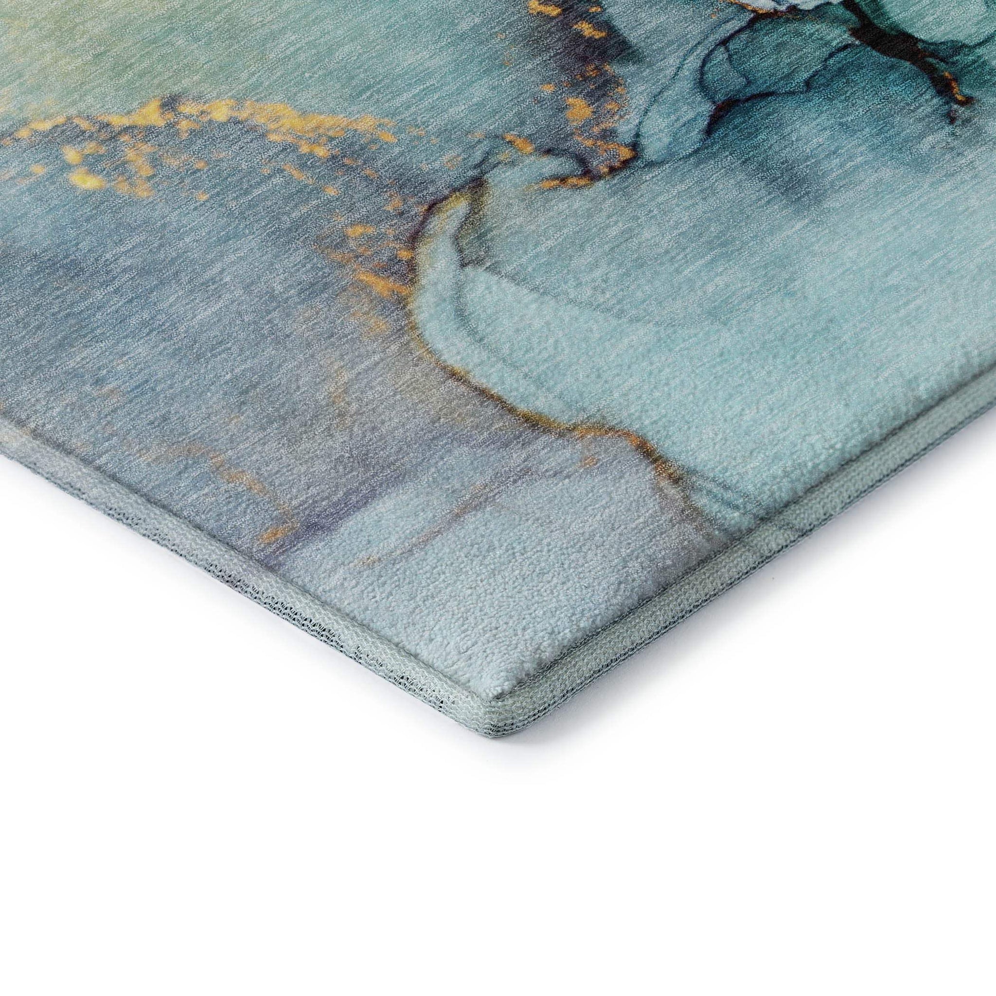 8' Teal Gold And Ivory Abstract Washable Round Rug With UV Protection - HomeRoots - Flyclothing LLC