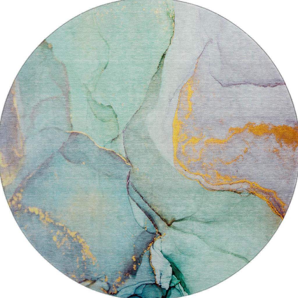 8' Teal Gold And Ivory Abstract Washable Round Rug With UV Protection - HomeRoots - Flyclothing LLC