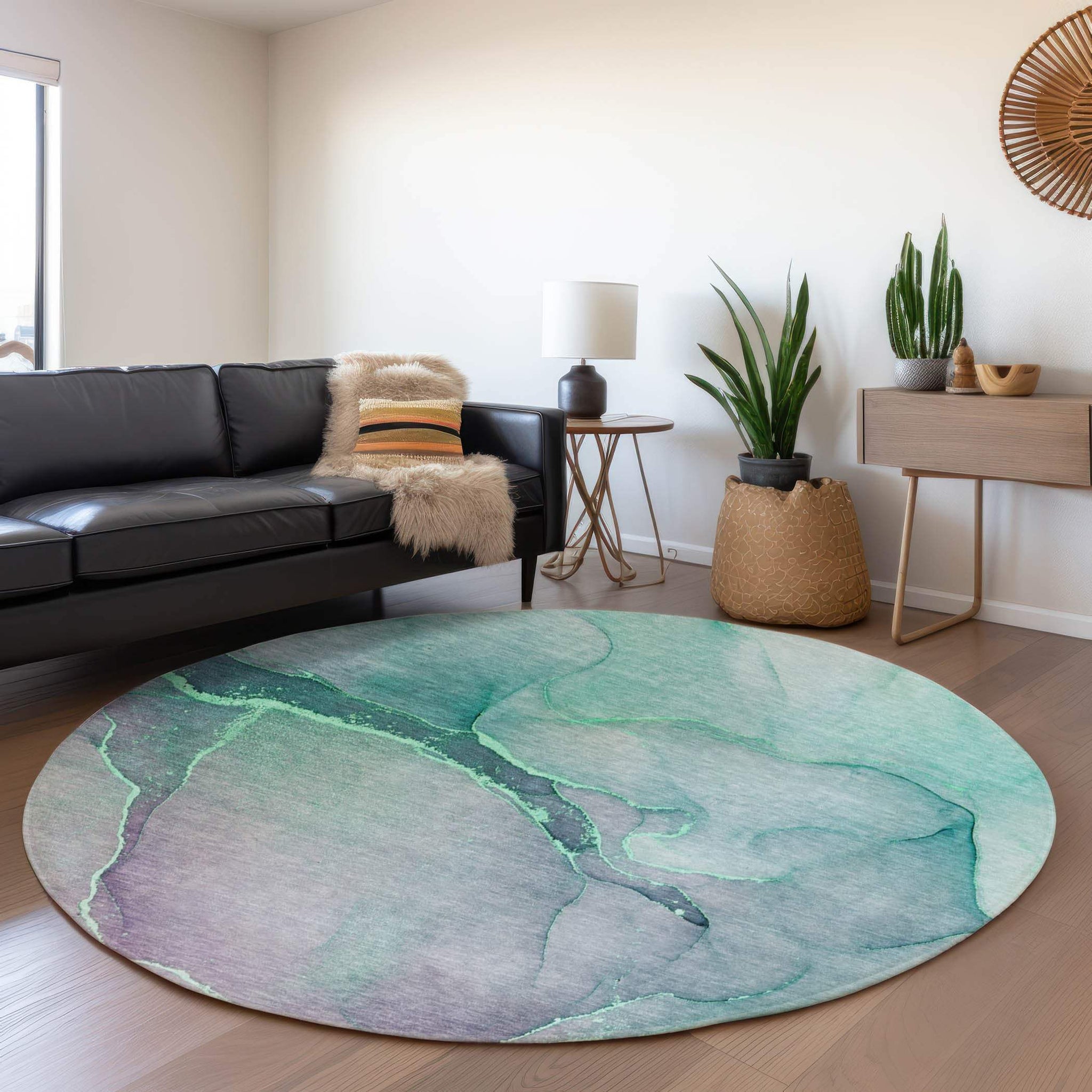 8' Fern Green And Ivory Abstract Washable Round Rug With UV Protection - HomeRoots - Flyclothing LLC