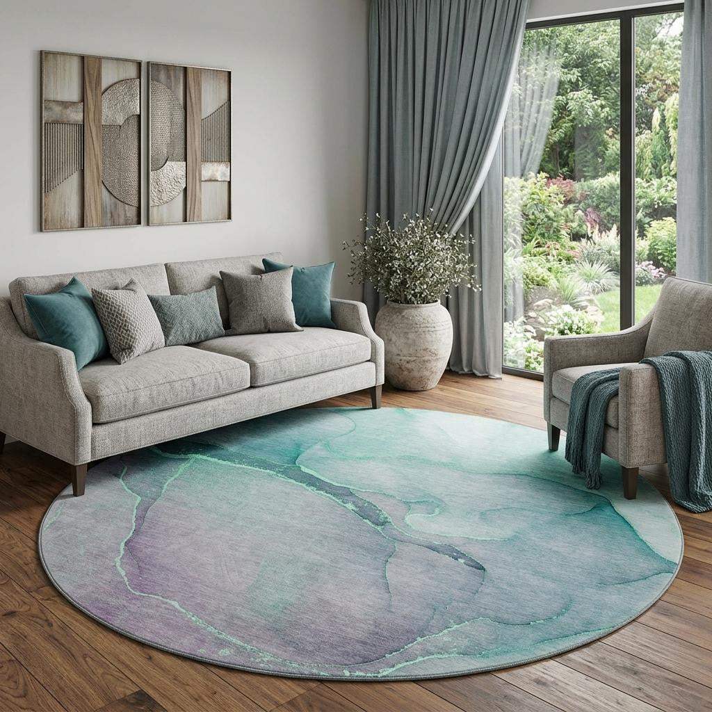 8' Fern Green And Ivory Abstract Washable Round Rug With UV Protection - HomeRoots - Flyclothing LLC