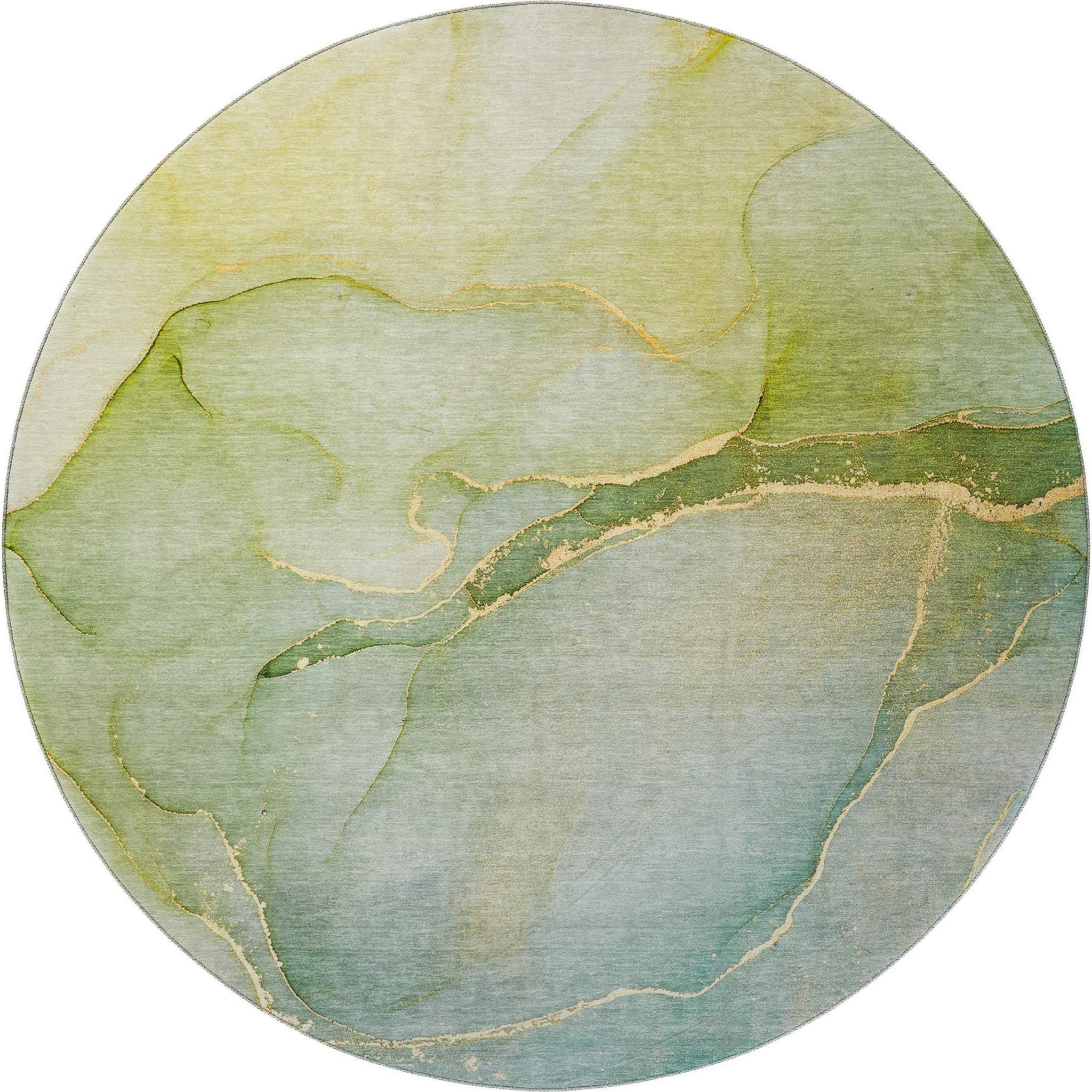8' Green And Ivory Abstract Washable Round Rug With UV Protection - HomeRoots - Flyclothing LLC